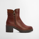 Side view of Barbour Dahlia chestnut leather ankle boot with block heel and branded ring zip