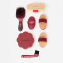 Equestrian grooming kit with red and beige brushes, hoof pick, and sponge. Items are neatly arranged on a white background.