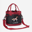 Red and black tote bag with a horse graphic and "mini LeMieux" text. Features include sturdy handles, a drawstring top, and an adjustable shoulder strap.