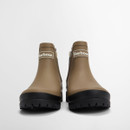 Front view of Barbour Mallow Chelsea welly boots in military brown with black outsole