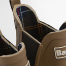 Interior view showing tartan lining of Barbour Mallow Chelsea welly boots in military brown