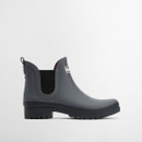 Side profile of Barbour Mallow Chelsea Welly boot in charcoal black with pull tab and waterproof rubber finish.