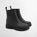 Barbour Layla black ankle welly boots – waterproof short wellingtons with chunky tread sole and embossed logo, angled studio shot.