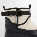 Detailed strap view of Barbour Braybourn beige and black boots showing branded buckle fastening.
