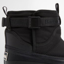 Close-up of Barbour Braybourn black wellington boot side buckle strap with embossed branding and reinforced stitching.