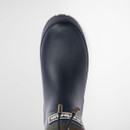 Overhead shot of navy Barbour mid wellington boot with tartan cuff and round toe design.