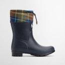 Single navy Barbour mid-calf wellington boot with classic tartan collar and rubber sole.