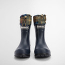 Front view of Barbour navy tartan wellington boots with signature logo and patterned collar.