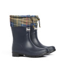 Side angle view of Barbour Mowbray Mid Navy Tartan Wellington Boots with tartan fold-over trim and adjustable drawcord.