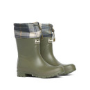 Pair of Barbour olive green mid-height wellington boots with classic tartan trim and drawstring fastening.