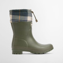 Side view of Barbour Mowbray Mid Welly boot in olive green with tartan collar and Barbour branding.