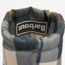 Interior view of Barbour tartan collar on olive green Mowbray Mid Wellington boot with logo patch.