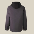 Rear view of a dark gray hoodie against a beige background. The garment has long sleeves with buttoned cuffs, conveying a casual style.