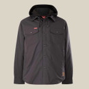 Dark gray hooded jacket with snap buttons and two chest pockets, set against a beige background. It conveys a sleek, functional style.