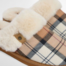 Close-up of Barbour Claudia Hessian Tartan mule slippers highlighting tartan fabric and shearling trim