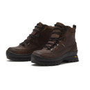 Angled front view of the Chatham Belvoir dark brown leather hiker boots showing lace-up detail and durable Vibram soles.