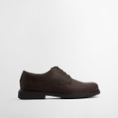 Single dark brown leather derby shoe with sleek finish, side profile view.
