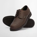 Brown leather derby shoe with durable outsole, angled side and sole view.