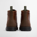 Rear view of Barbour Harrison dark brown leather and canvas waterproof boots with pull tabs