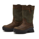 Angled front view of Chatham Women’s Windsor Boots in brown and green waterproof leather with buckle detail and Vibram sole.