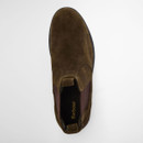 Top view of olive suede Chelsea boot showing interior with Barbour branding on footbed.