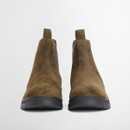 Front view of olive suede Chelsea boots showing rounded toe and pull tabs.