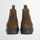 Back view of olive suede Chelsea boots with waterproof label and pull tabs.
