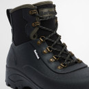 Detailed shot of Barbour Marlow black lace-up wellington boot, focusing on brass eyelets, durable laces, and logo branding.