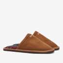 Pair of Barbour men’s brown suede mule slippers with tartan lining and slip-on comfort design