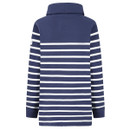 Back view of navy and white striped rollneck sweatshirt with long sleeves and straight hemline.