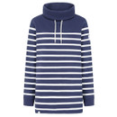 Navy and white striped rollneck sweatshirt with drawstring detail, long sleeves, and relaxed fit for casual wear.