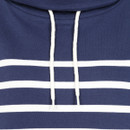 Close-up of rollneck with white drawstring on navy and white striped sweatshirt, showing soft cotton fabric detail.