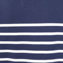 Detailed close-up of navy and white horizontal stripe pattern on rollneck sweatshirt fabric.