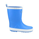 Bright blue Cotswold children's wellies with white trim and pull-on tab, shown from side view.