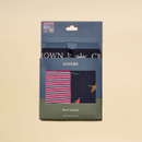 Joules Crown Joules men’s boxer shorts two-pack in gift box, featuring red and navy stripe design and pheasant print on navy.