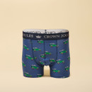 Joules Crown Joules men’s cotton boxer shorts in blue with all-over green Land Rover vehicle print and navy waistband
