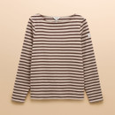 Women’s Harbour long sleeve top in neutral beige with chocolate brown horizontal stripes, classic crew neckline, by Joules.