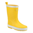 Side view of yellow Cotswold children’s wellington boot with white trim, chunky cleated sole, and pull-on loop.