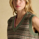 Close-up of neckline on green Fair Isle knitted tank top with pink trim.