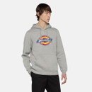 Young person wearing a grey hoodie with the Dickies logo, standing against a white background. The expression is neutral, conveying a casual tone.