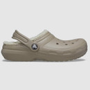 Beige clog-style shoe with a plush white lining, featuring perforations on top for breathability and an adjustable heel strap, set against a white background.