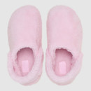 Pink fuzzy slippers with a soft texture, viewed from above. They have a cosy, inviting appearance, and evoke feelings of warmth and comfort.