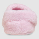 Soft pink, fluffy baby slipper with a cosy, plush texture. The slipper is viewed from the back, exuding warmth and comfort.