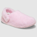 A cosy pink slipper with a plush, fuzzy texture, button detail at the ankle, and soft, warm appearance. It exudes comfort and relaxation.