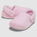 Soft, fluffy pink baby booties with an ankle strap on a light gray background. They convey warmth and comfort, suggesting cosiness and tenderness.