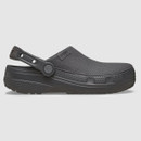 Dark gray slip-on clog with textured canvas material and cushioned sole. Features adjustable back strap for comfort. Simple, functional design.