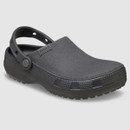 Black slip-on clog with textured sole and adjustable heel strap, set against a plain background. Conveys a casual and comfortable vibe.
