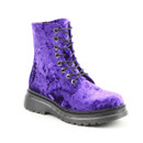 A view of a velvet-textured lace-up purple boots on a white background
