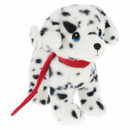 Dalmatian puppy plush toy with black spots, blue eyes and red scarf, soft cuddly dog stuffed animal for children.