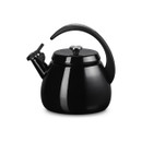 A side view of a black kettle with a black handle.
